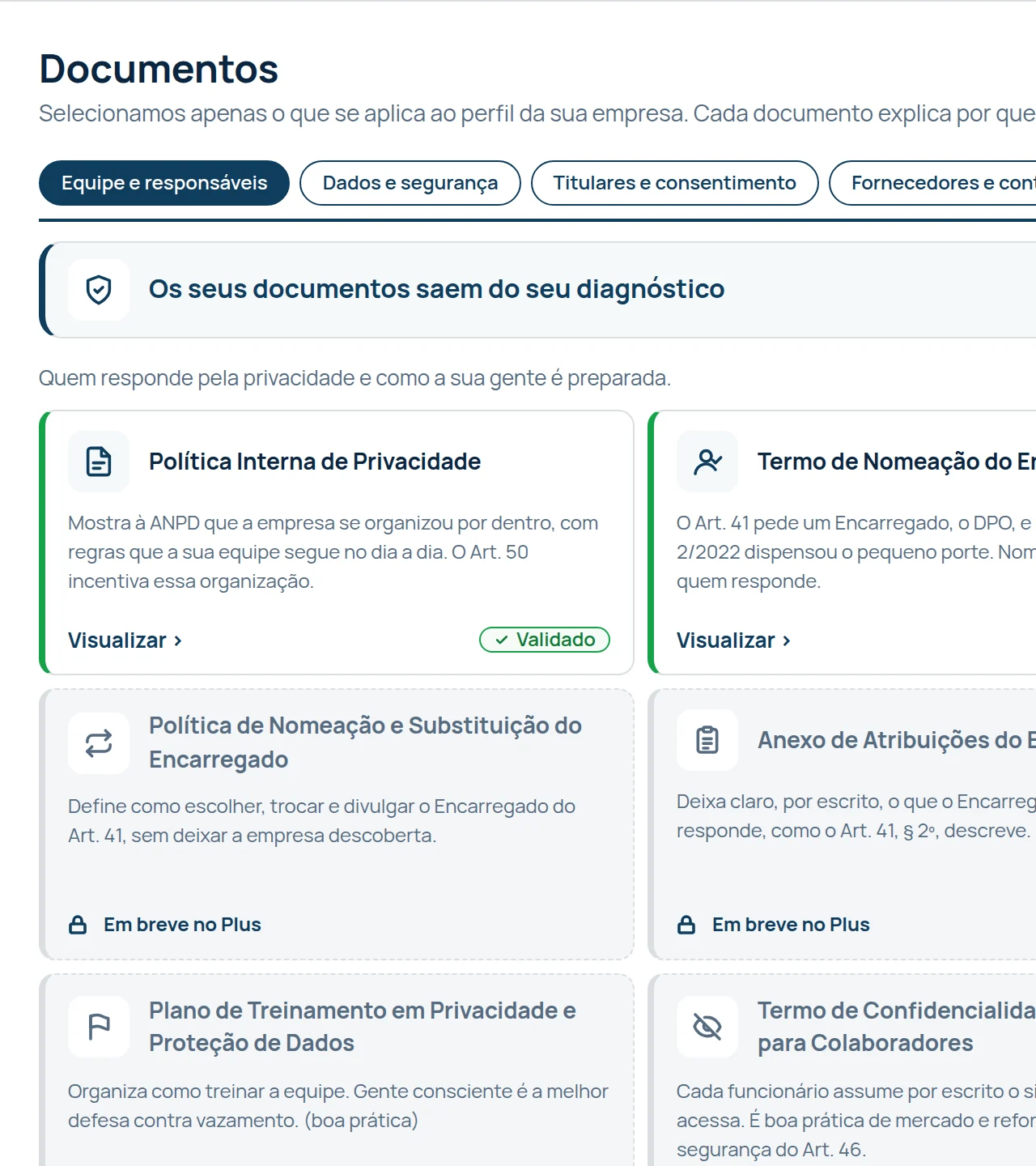 A tela de documentos: os grupos, o aviso de que os documentos saem do diagnóstico e os primeiros documentos.
